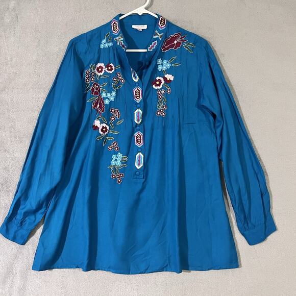 Luv Embroidered Peasant Tunic Shirt Turquoise Blue Women Sz L Boho Aztec - Picture 1 of 10